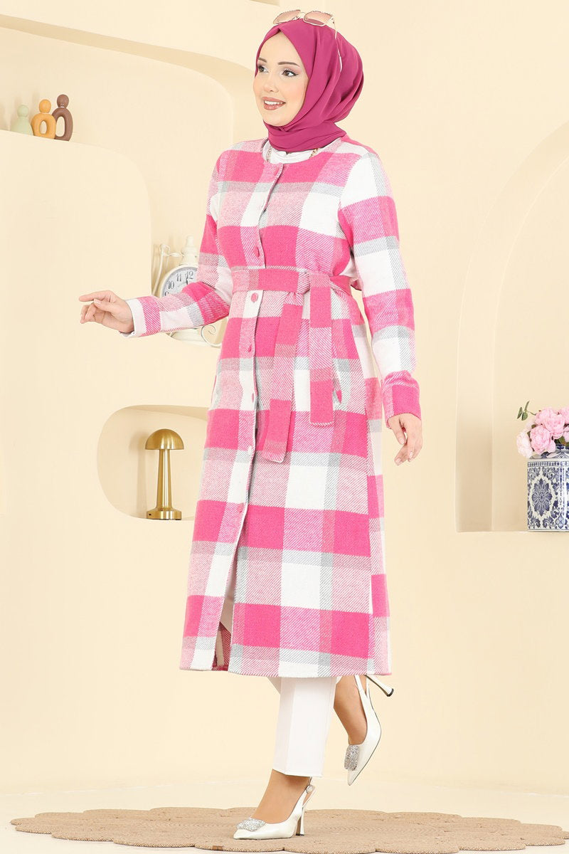Button-Front Plaid Cape Coat - Fuchsia