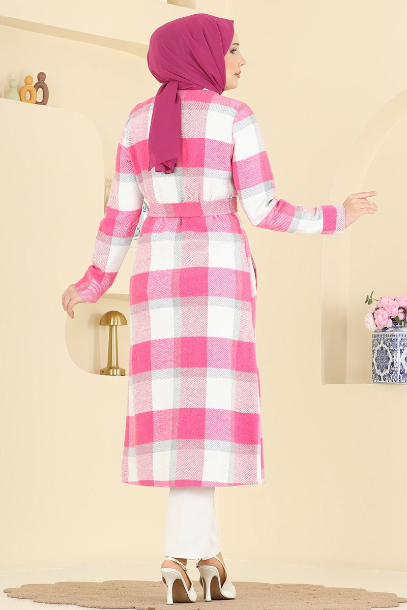 Button-Front Plaid Cape Coat - Fuchsia