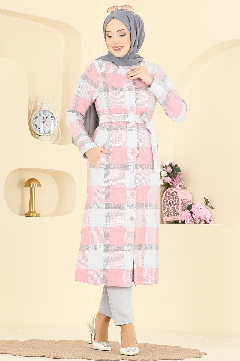 Button-Front Plaid Cape Coat - Powder