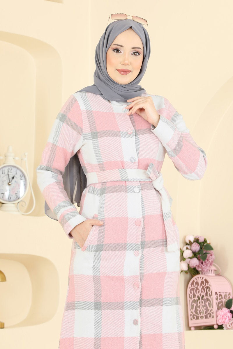 Button-Front Plaid Cape Coat - Powder