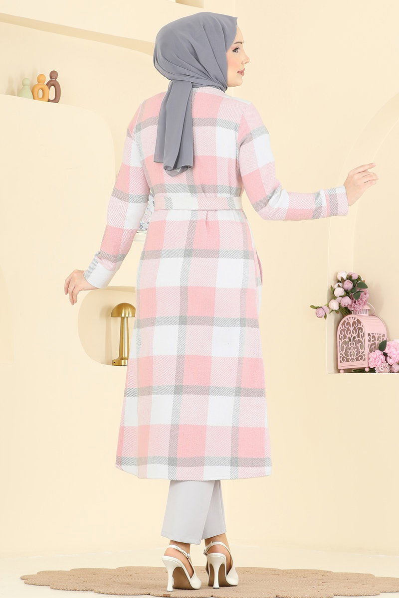 Button-Front Plaid Cape Coat - Powder