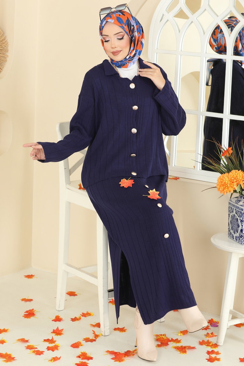 Button-Front Knit Skirt Set - Navy