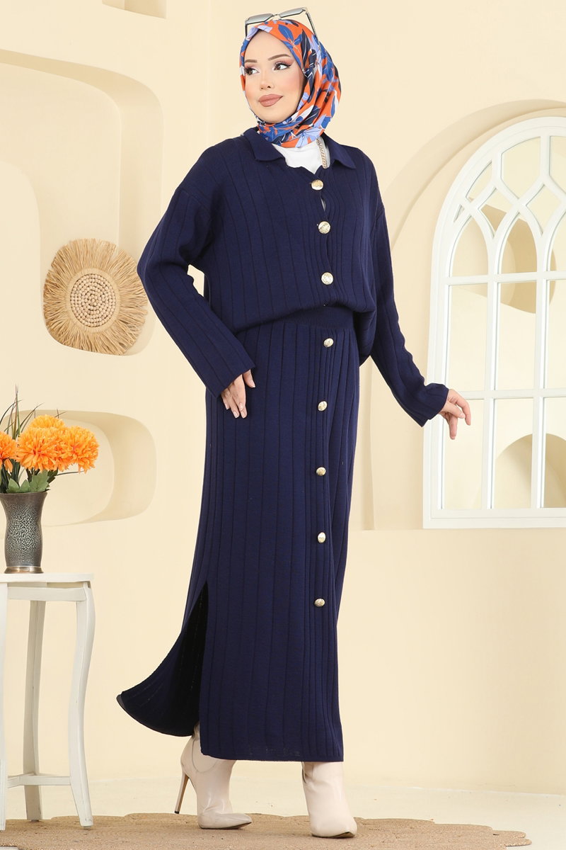 Button-Front Knit Skirt Set - Navy