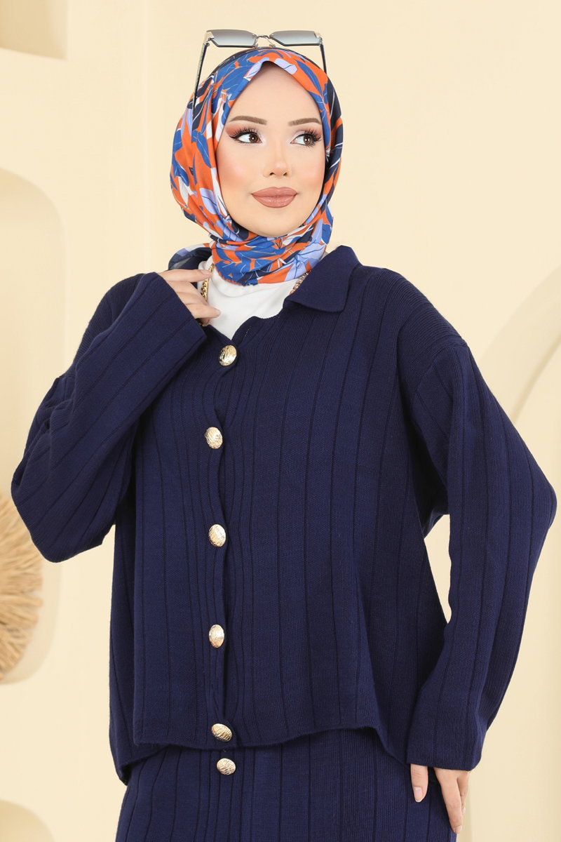 Button-Front Knit Skirt Set - Navy