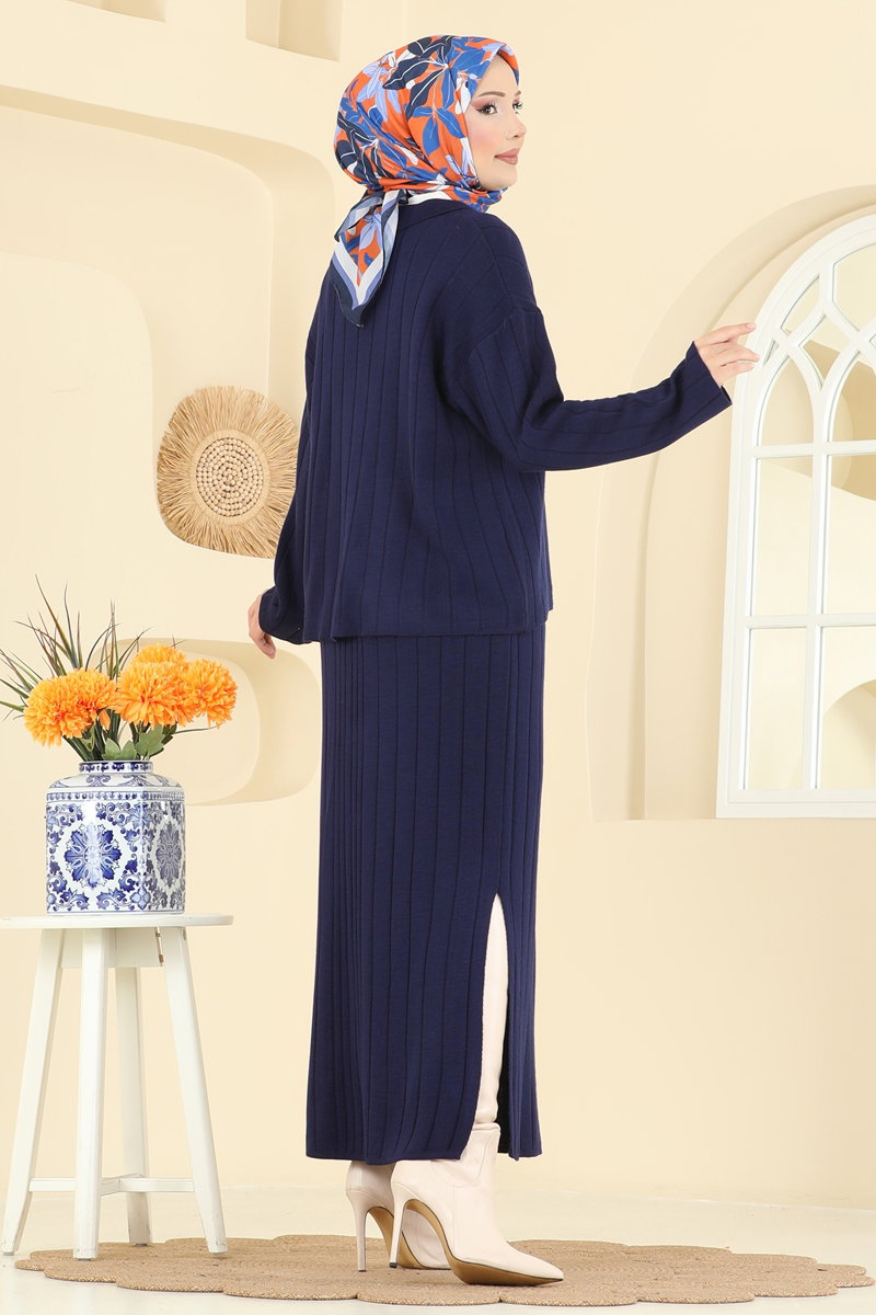 Button-Front Knit Skirt Set - Navy