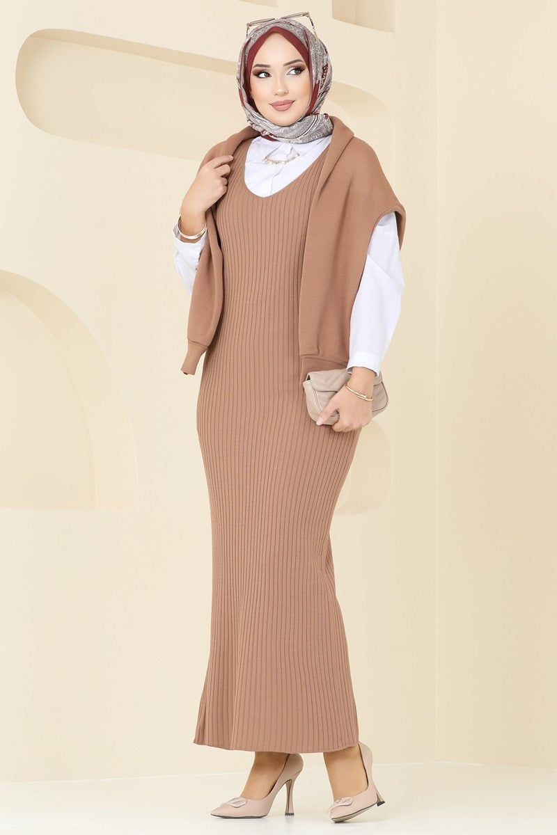 Knit Dress with Button-Front Cardigan - Latte