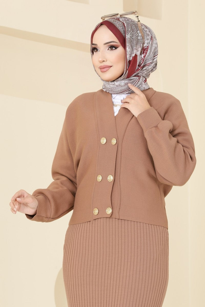 Knit Dress with Button-Front Cardigan - Latte