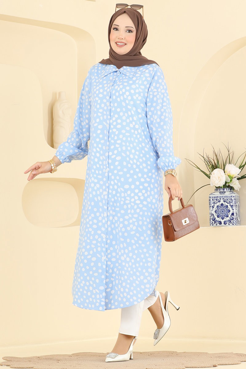 Button-Front Patterned Tunic - Light Blue
