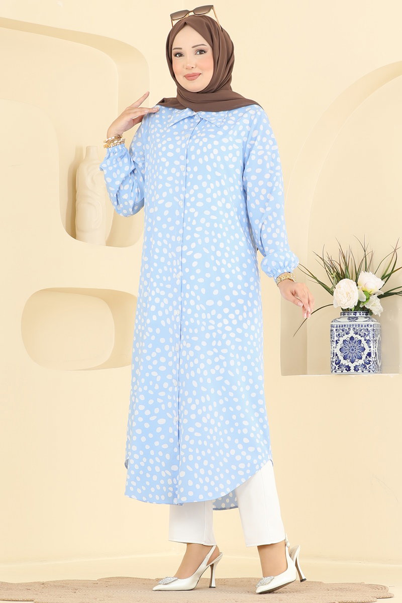 Button-Front Patterned Tunic - Light Blue