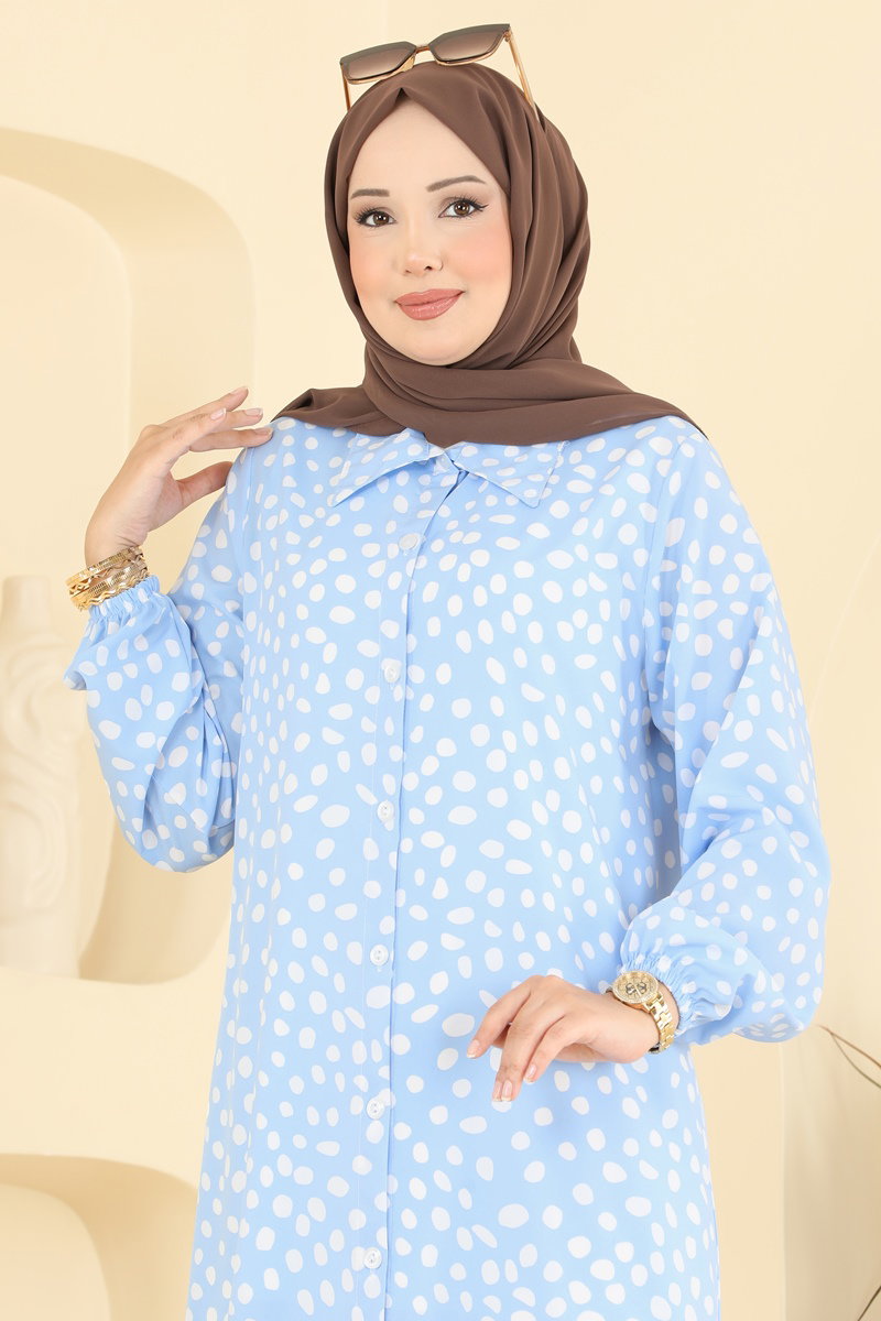 Button-Front Patterned Tunic - Light Blue