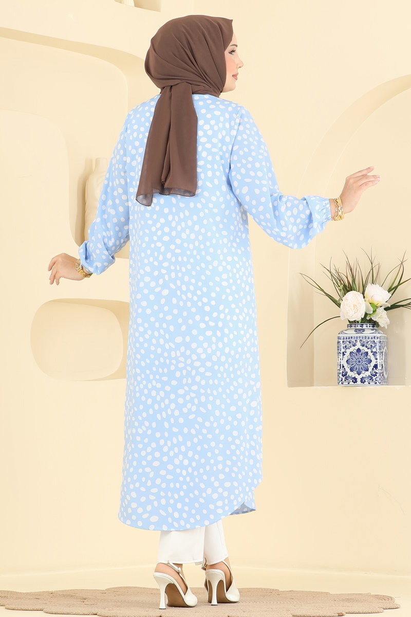 Button-Front Patterned Tunic - Light Blue