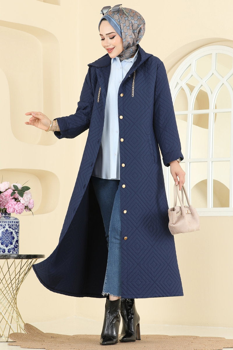 Button-Front Quilted Cape Coat - Navy