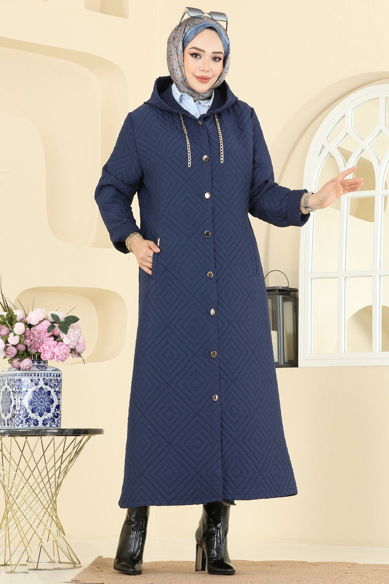 Button-Front Quilted Cape Coat - Navy
