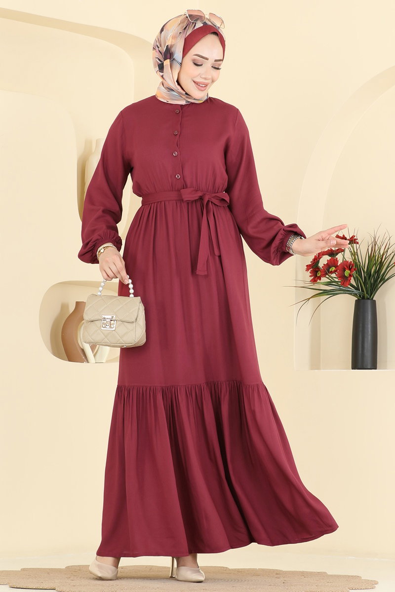 Belted Button-Front Viscose Dress with Pockets - Burgundy
