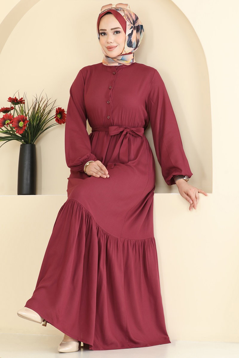 Belted Button-Front Viscose Dress with Pockets - Burgundy