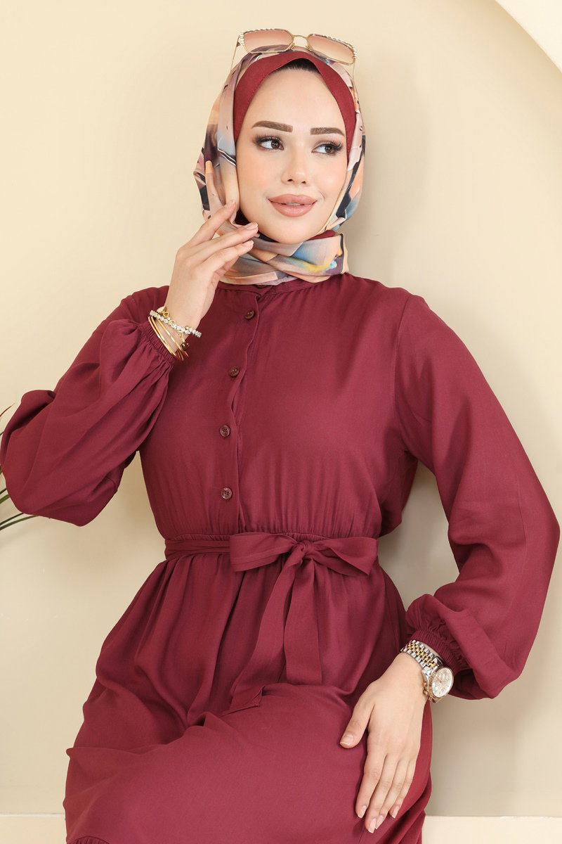 Belted Button-Front Viscose Dress with Pockets - Burgundy