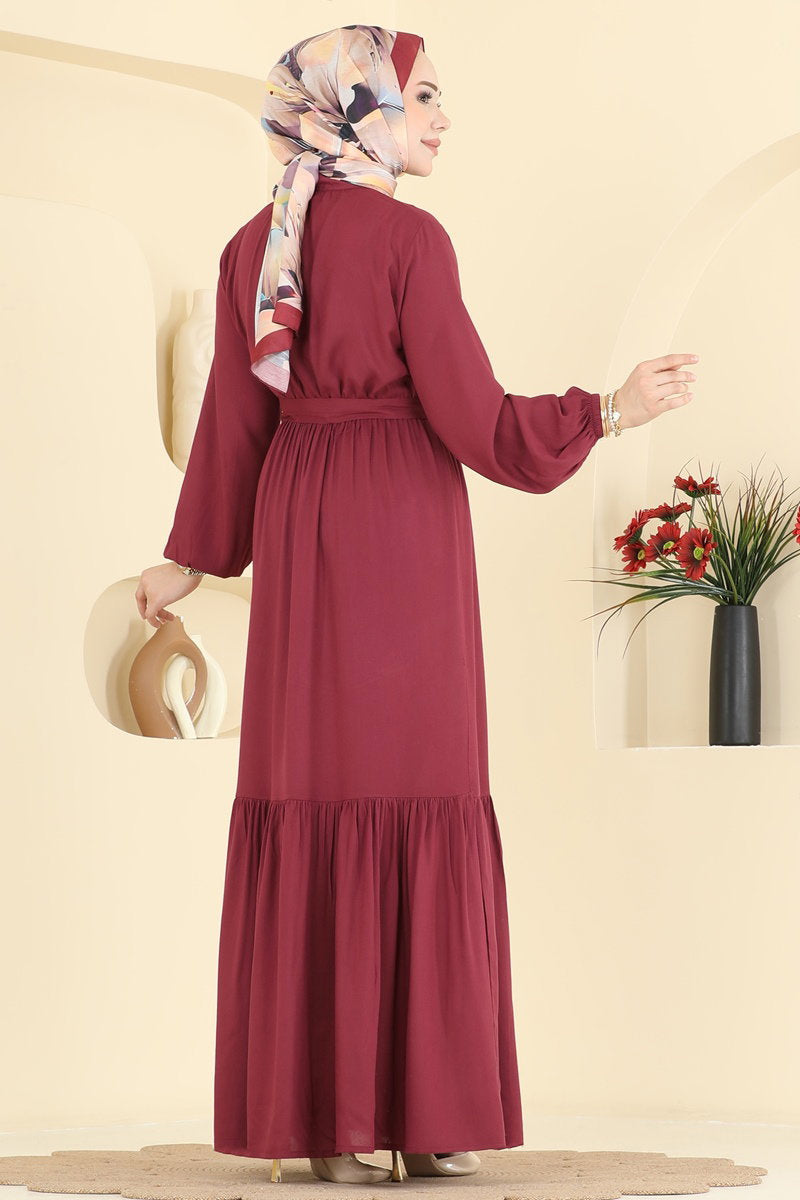 Belted Button-Front Viscose Dress with Pockets - Burgundy