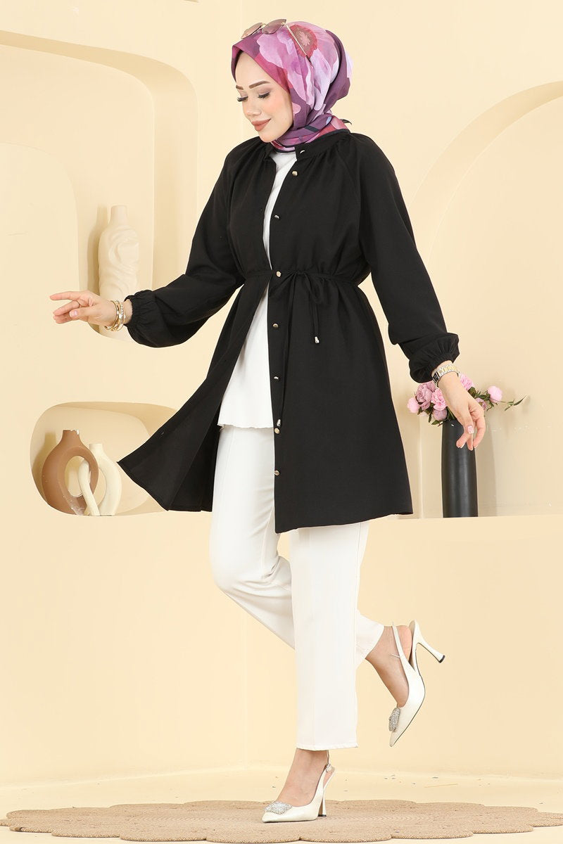 Belted Button-Front Cupro Tunic - Black