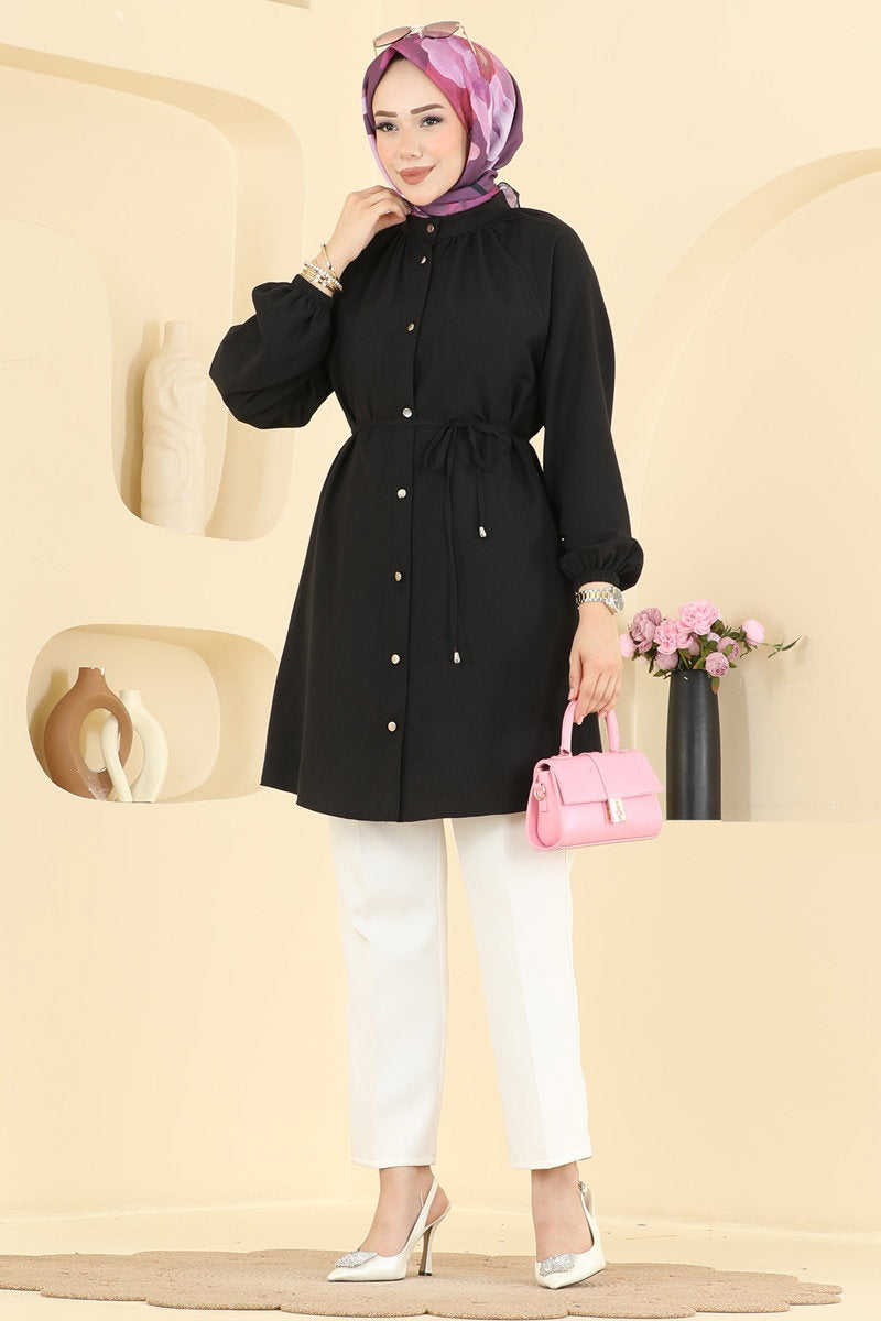 Belted Button-Front Cupro Tunic - Black
