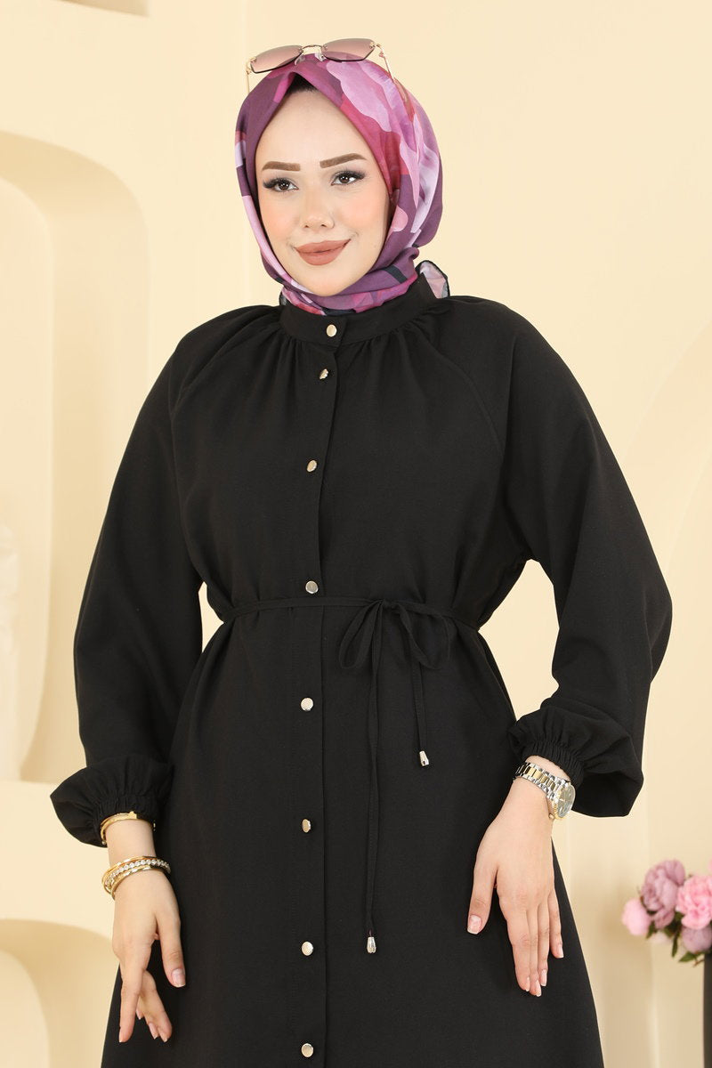 Belted Button-Front Cupro Tunic - Black