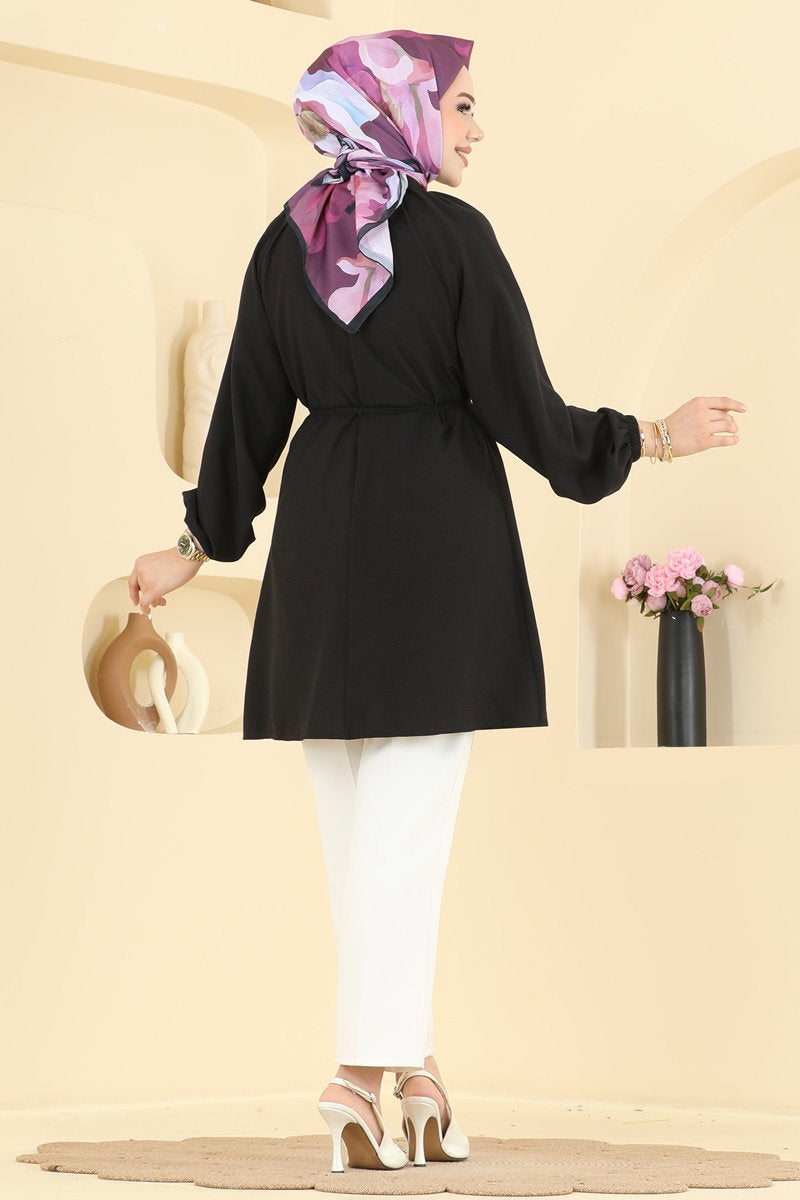 Belted Button-Front Cupro Tunic - Black
