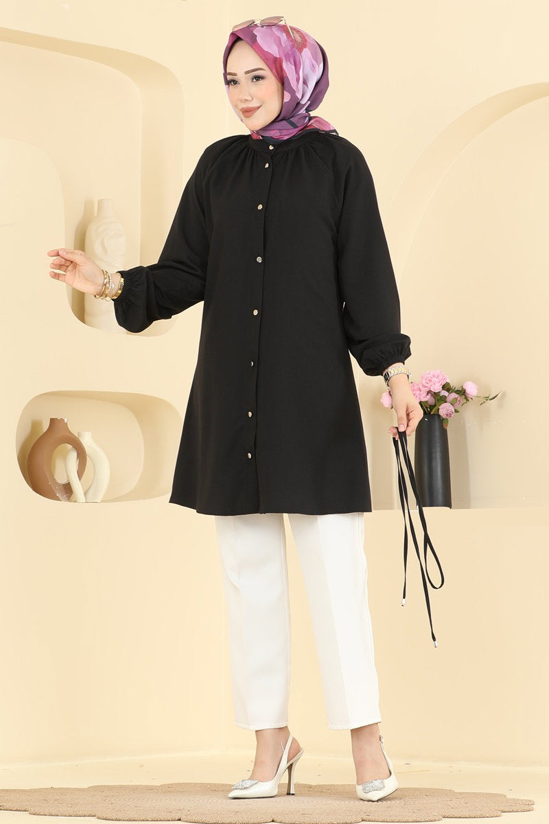 Belted Button-Front Cupro Tunic - Black