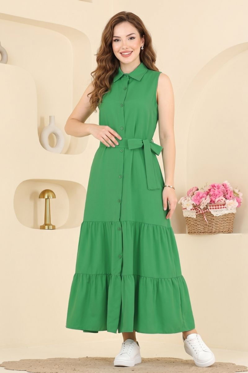 Sleeveless Button-Front Poly-Cotton Dress - Kelly Green