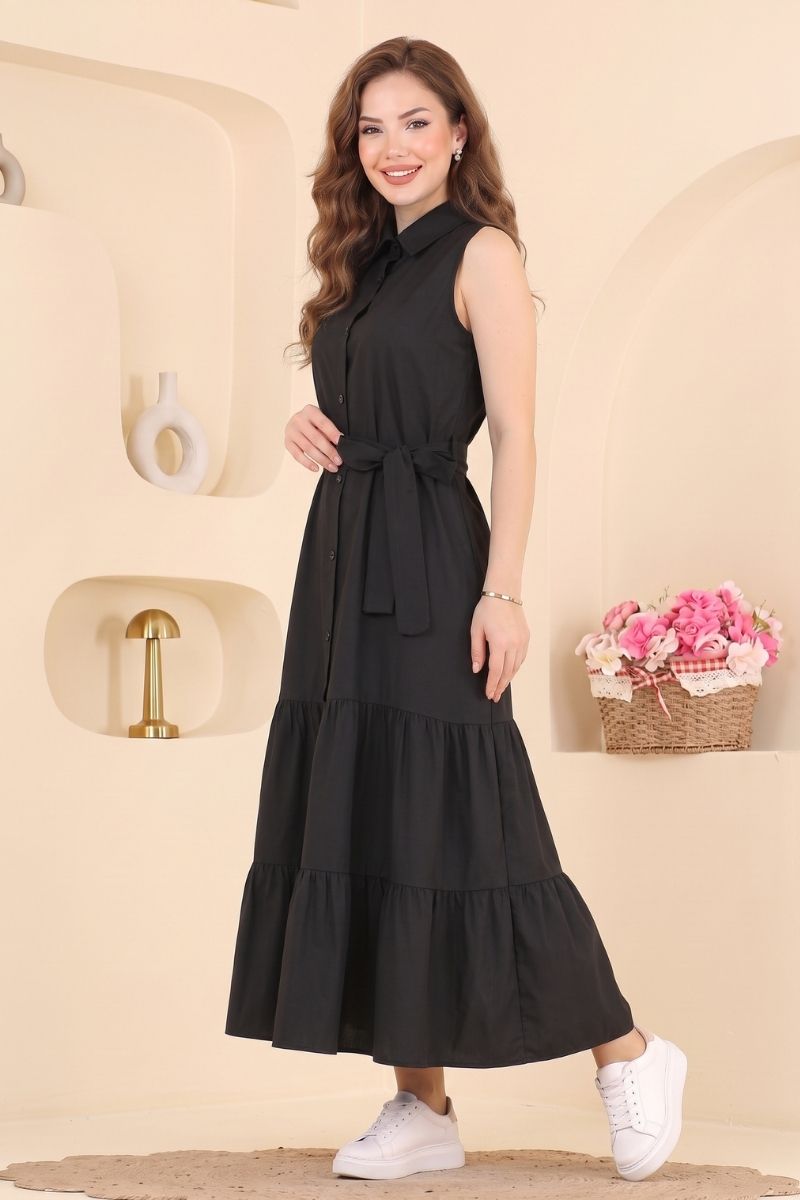 Sleeveless Button-Front Poly-Cotton Dress - Black
