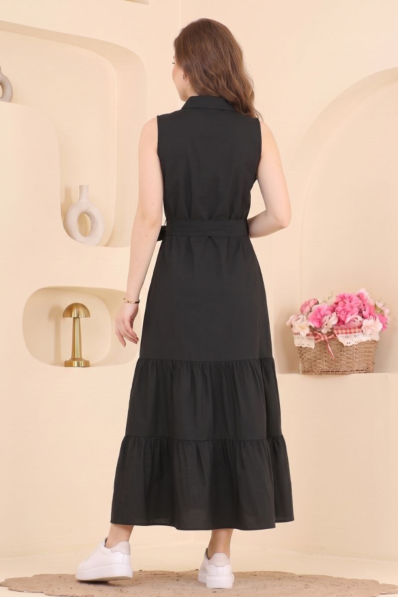 Sleeveless Button-Front Poly-Cotton Dress - Black