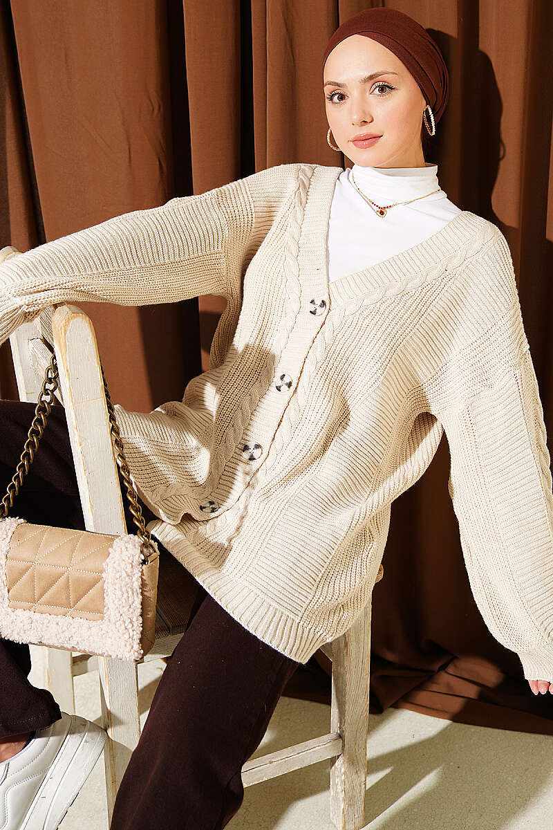 Button-Front Cable-Knit Cardigan - Beige