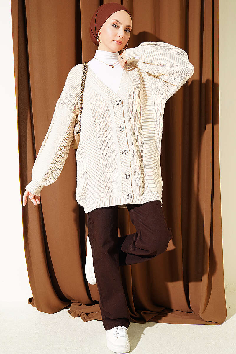 Button-Front Cable-Knit Cardigan - Beige