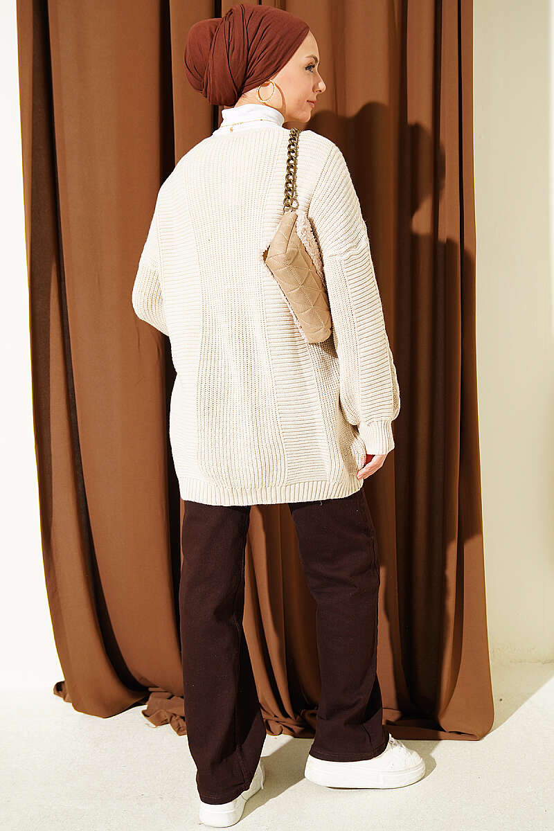 Button-Front Cable-Knit Cardigan - Beige