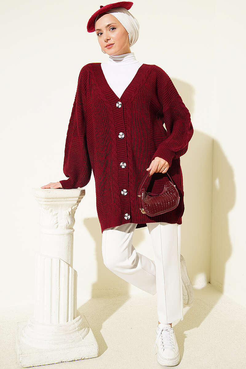 Button-Front Cable-Knit Cardigan - Burgundy