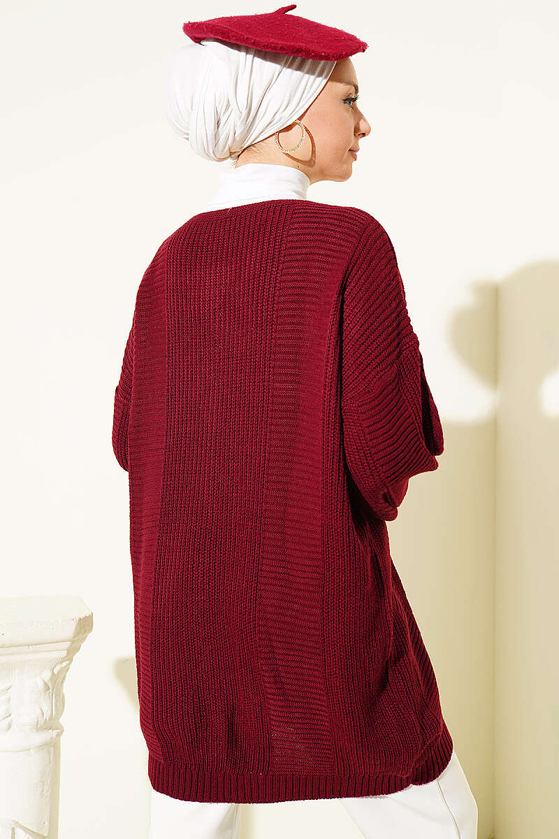 Button-Front Cable-Knit Cardigan - Burgundy