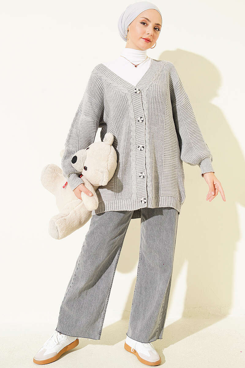 Button-Front Cable-Knit Cardigan - Grey