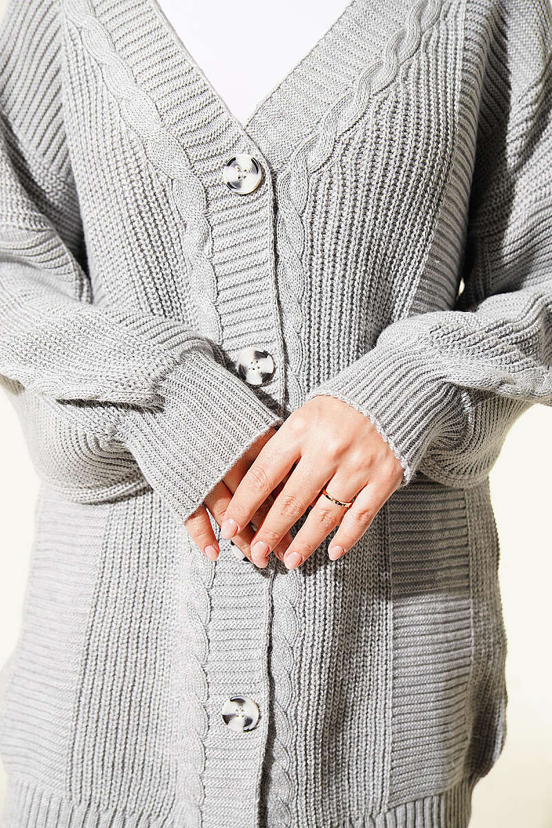Button-Front Cable-Knit Cardigan - Grey