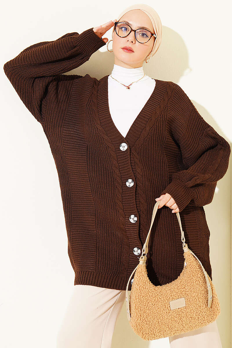 Button-Front Cable-Knit Cardigan - Brown