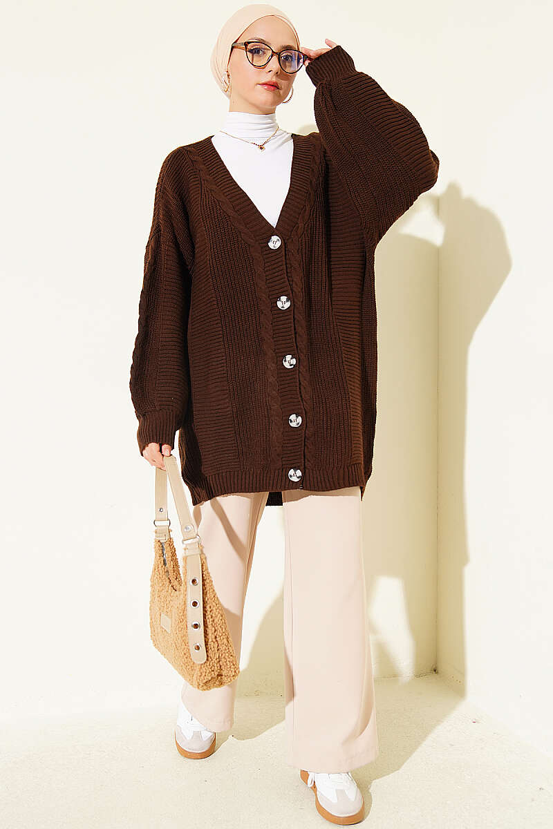 Button-Front Cable-Knit Cardigan - Brown