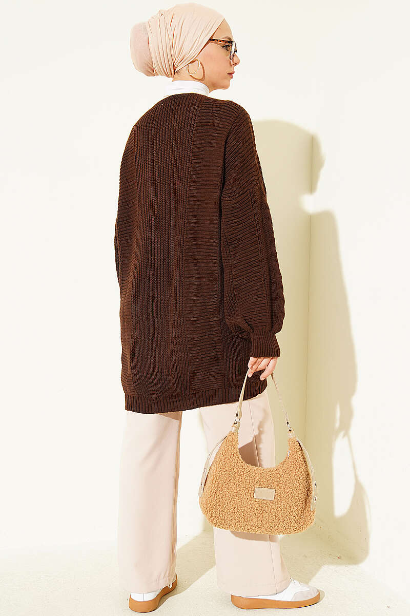 Button-Front Cable-Knit Cardigan - Brown