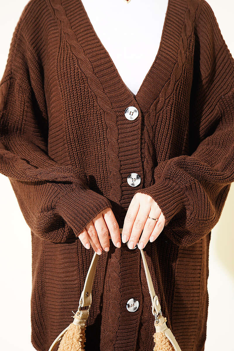 Button-Front Cable-Knit Cardigan - Brown