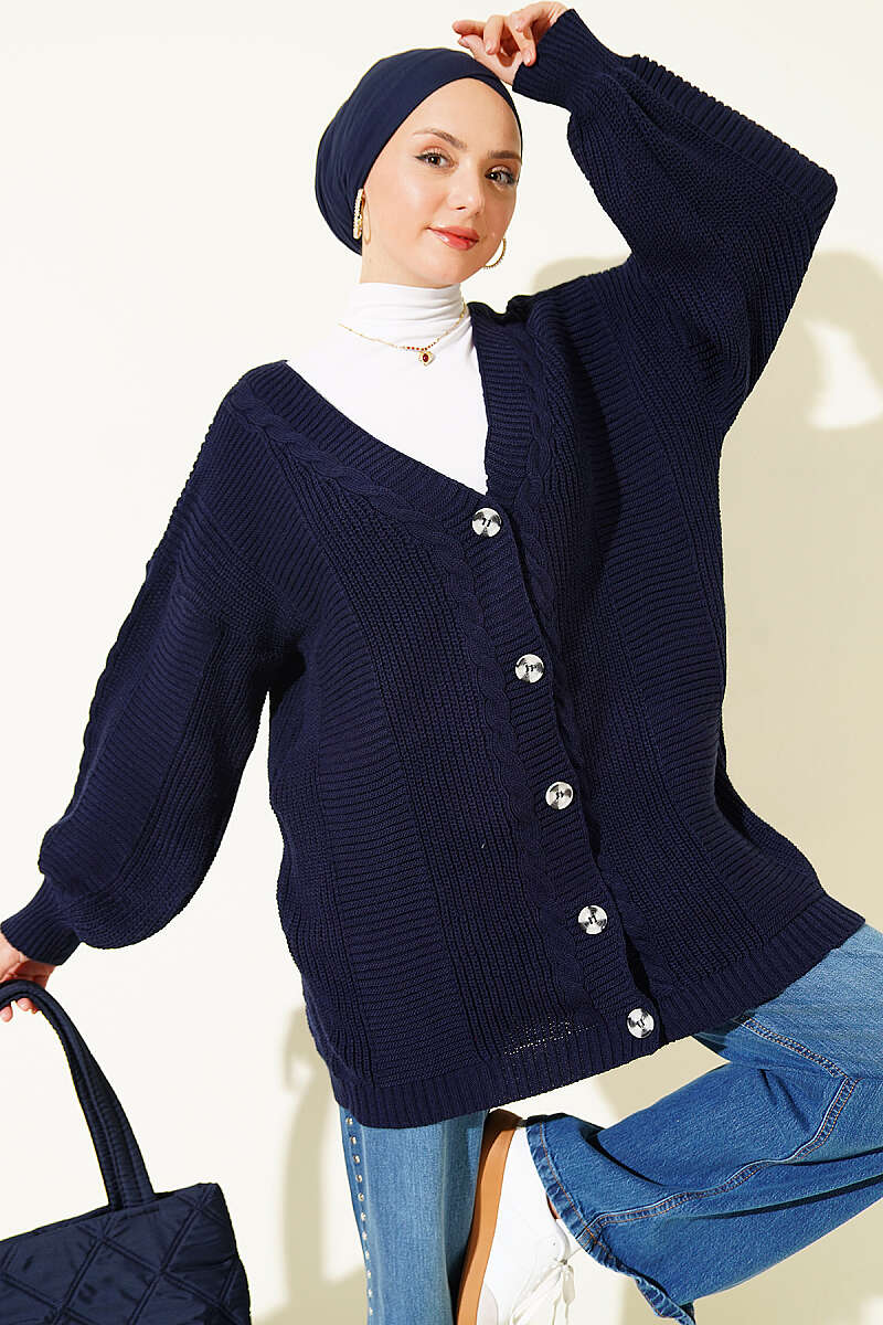 Button-Front Cable-Knit Cardigan - Navy