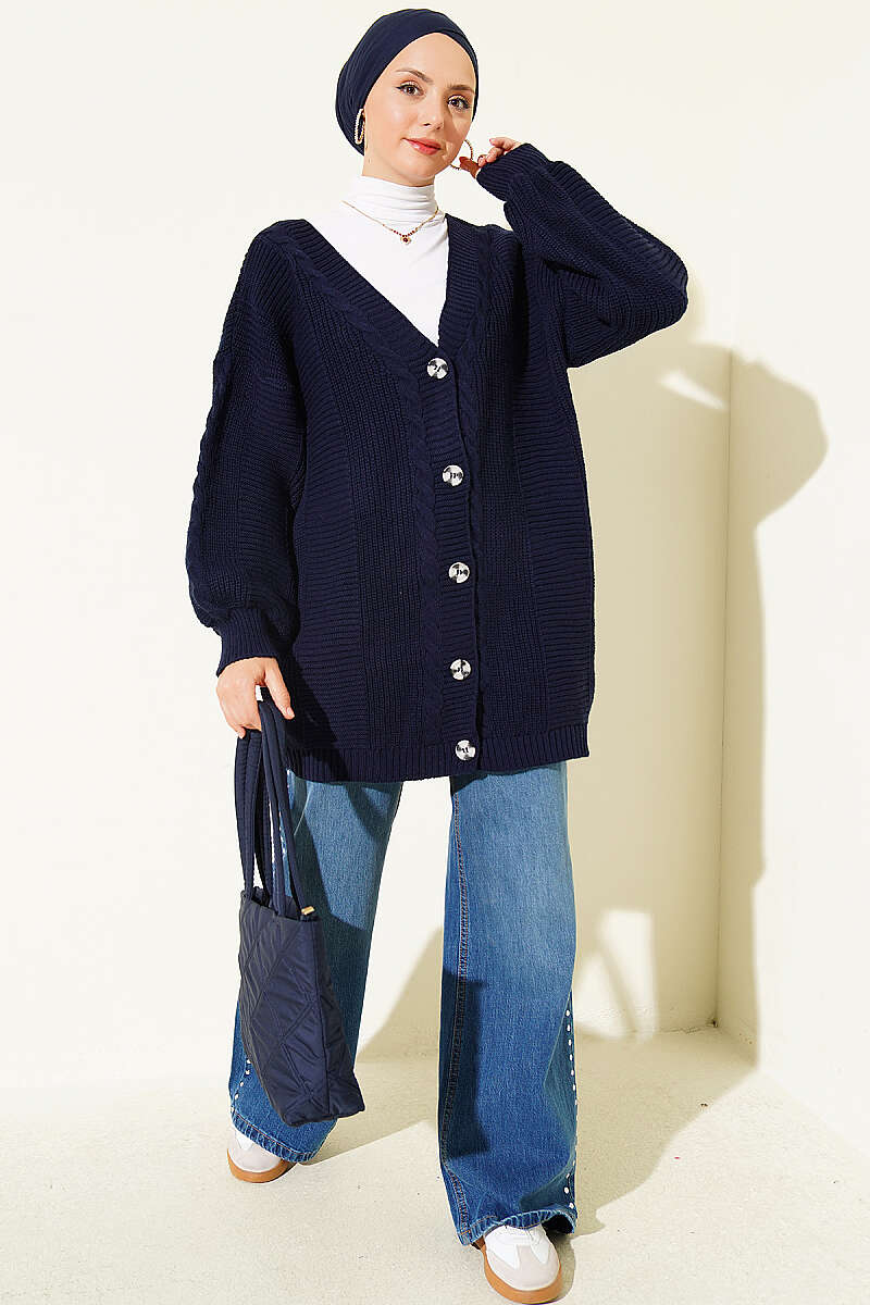 Button-Front Cable-Knit Cardigan - Navy