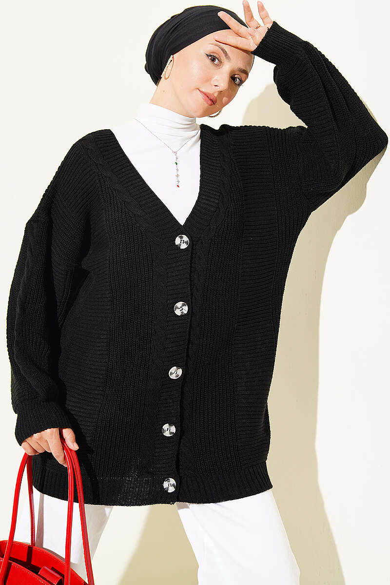 Button-Front Cable-Knit Cardigan - Black