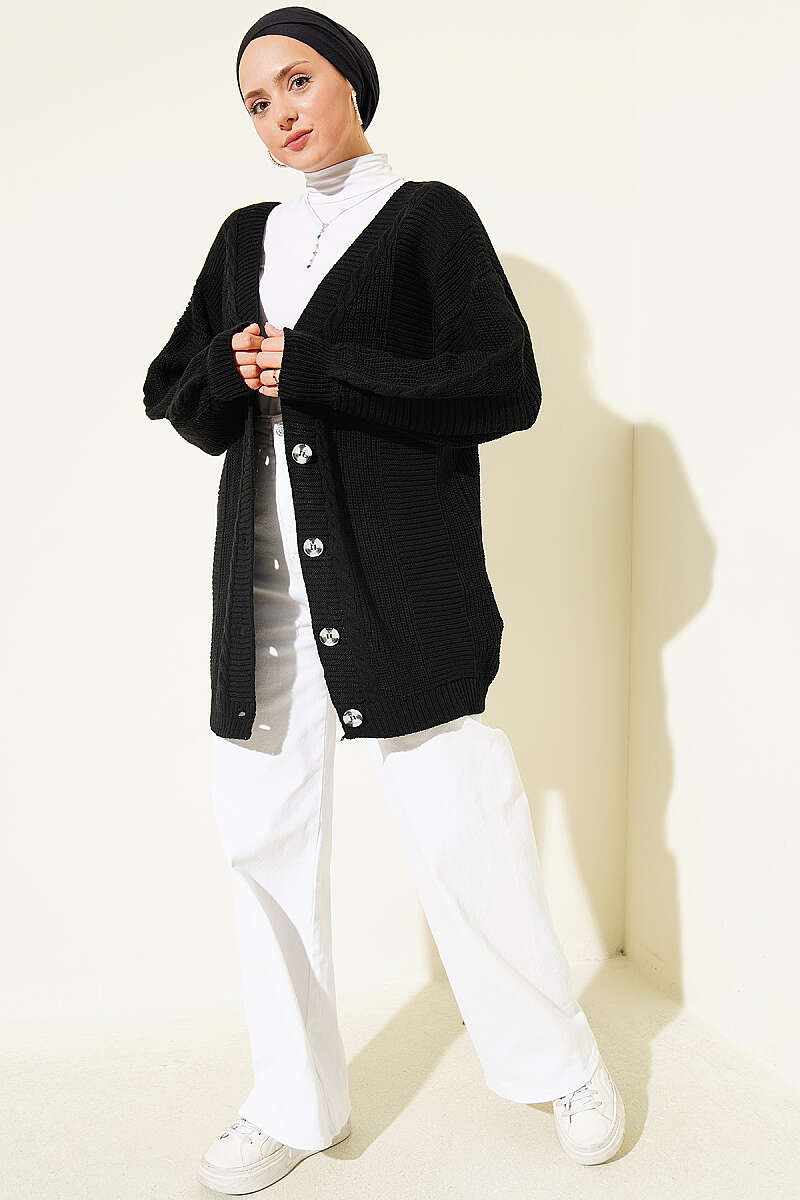 Button-Front Cable-Knit Cardigan - Black