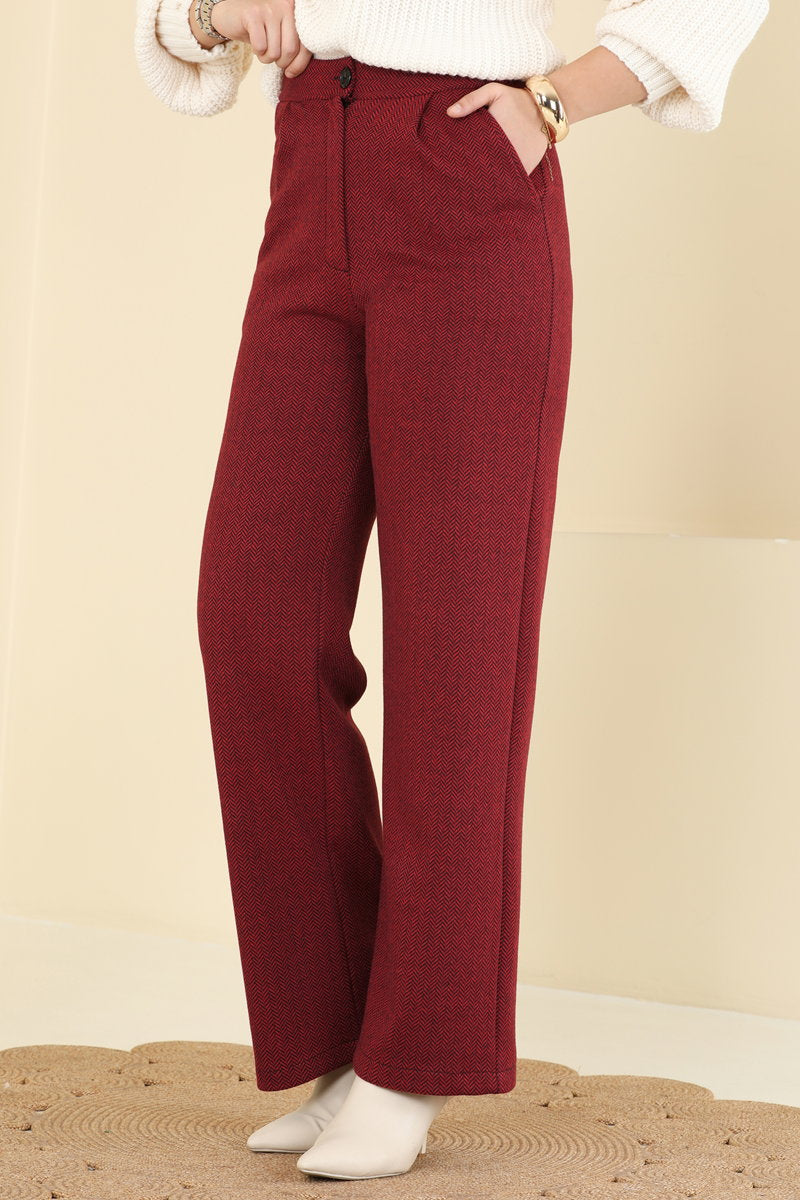 Button-Front Palazzo Trousers - Burgundy