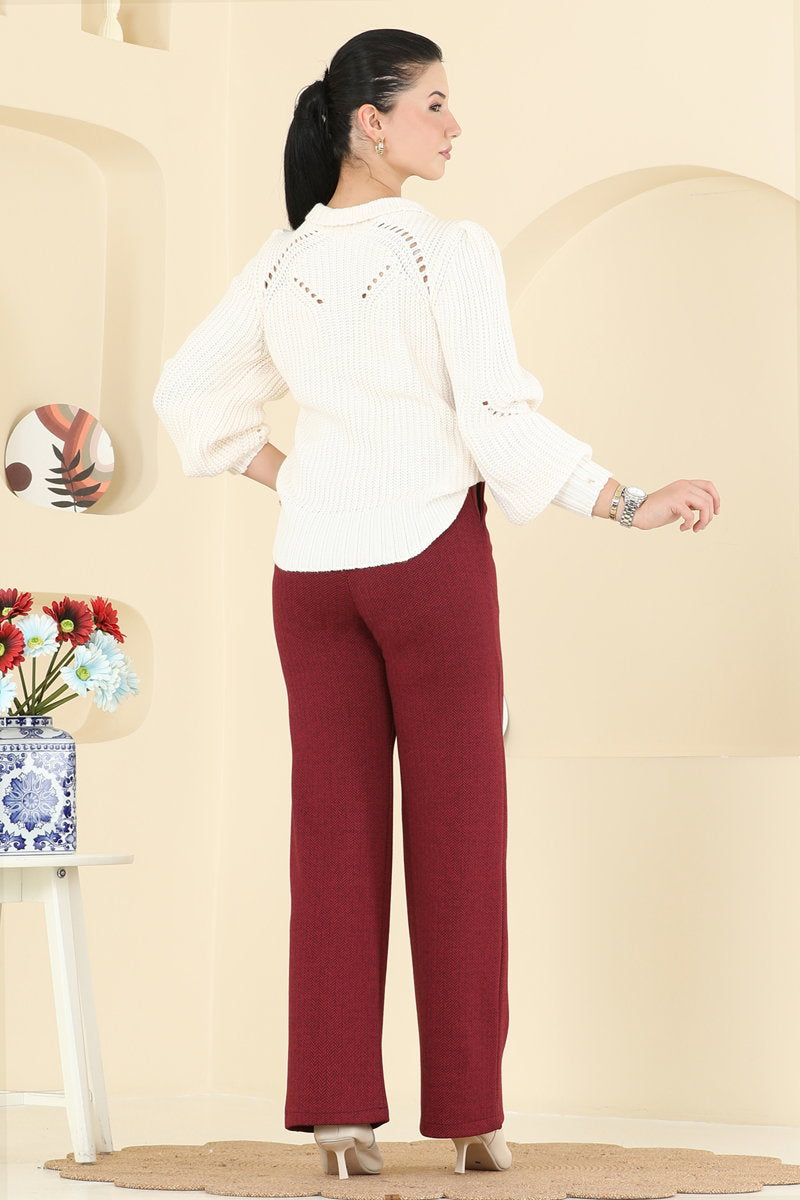 Button-Front Palazzo Trousers - Burgundy