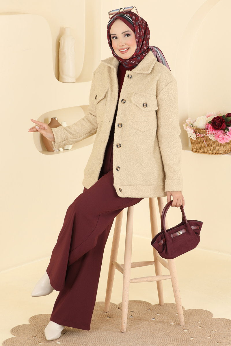 Button-Front Plush Cape Coat - Bone