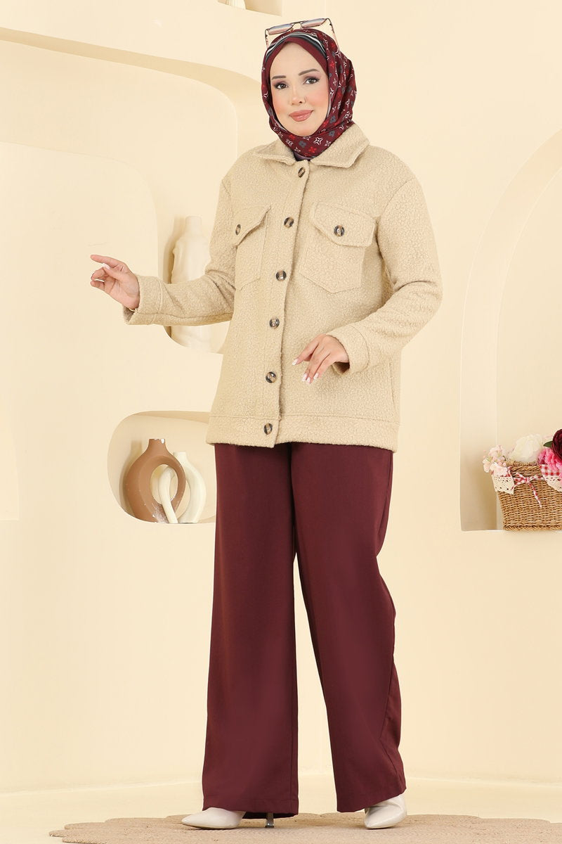 Button-Front Plush Cape Coat - Bone