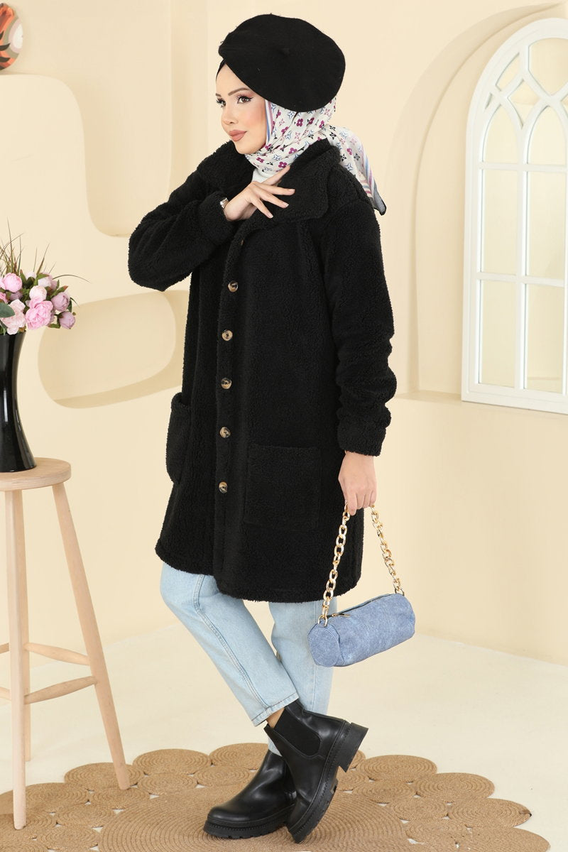 Button-Front Plush Cape Coat with Pockets - Black