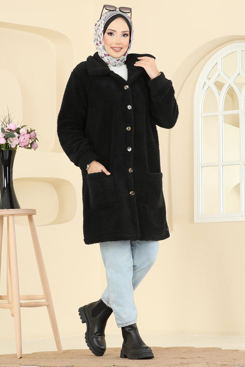 Button-Front Plush Cape Coat with Pockets - Black